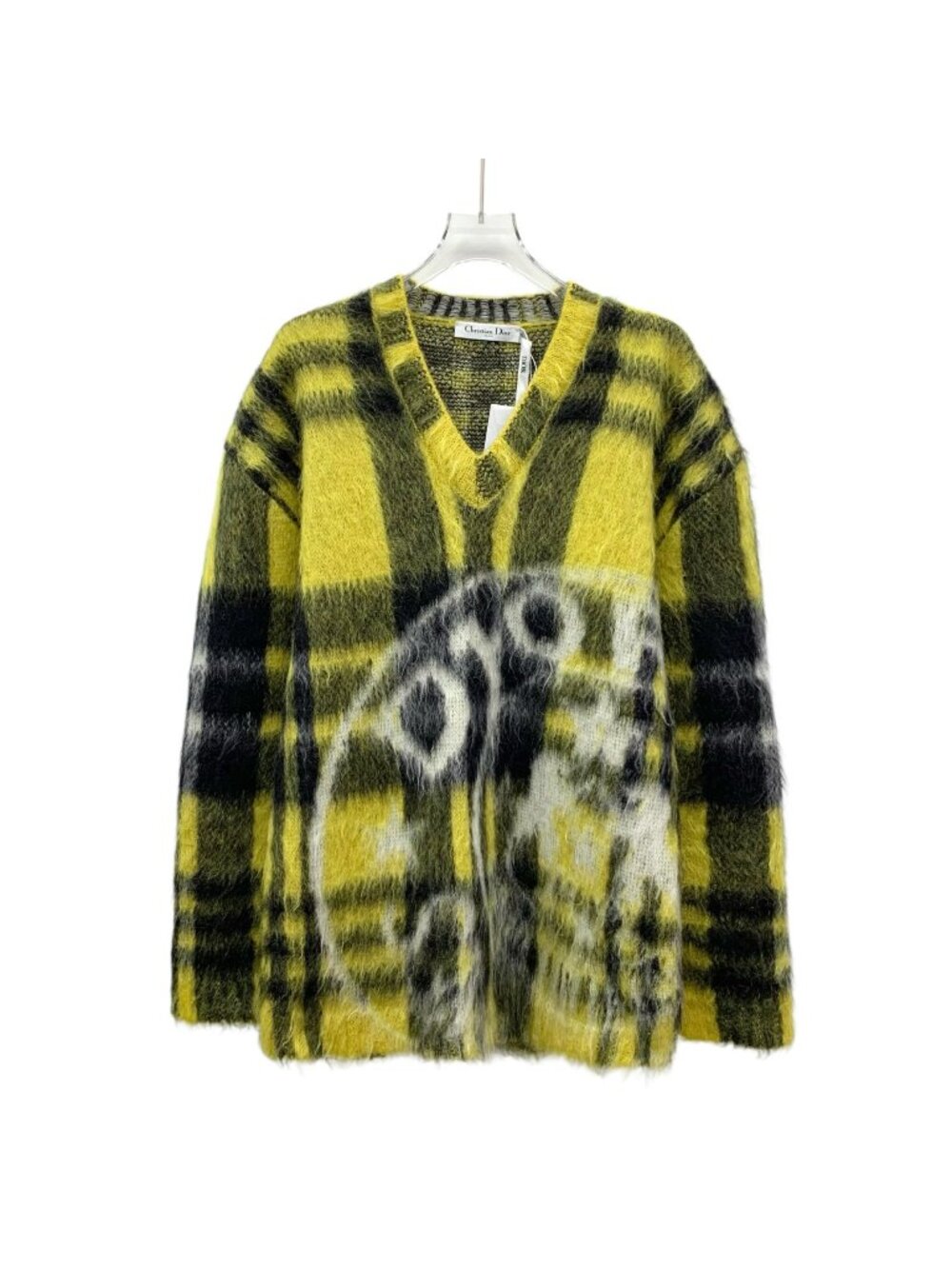 Dior 2022 Color-Block Plaid Print Mohair V-Neck Sweater